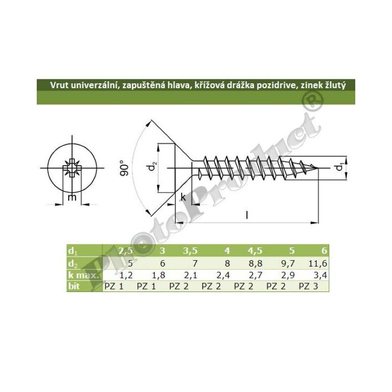 VRUT UNIVERZÁLNÍ ZAPUŠTĚNÁ HLAVA 4x20 pozidriv zinek žlutý